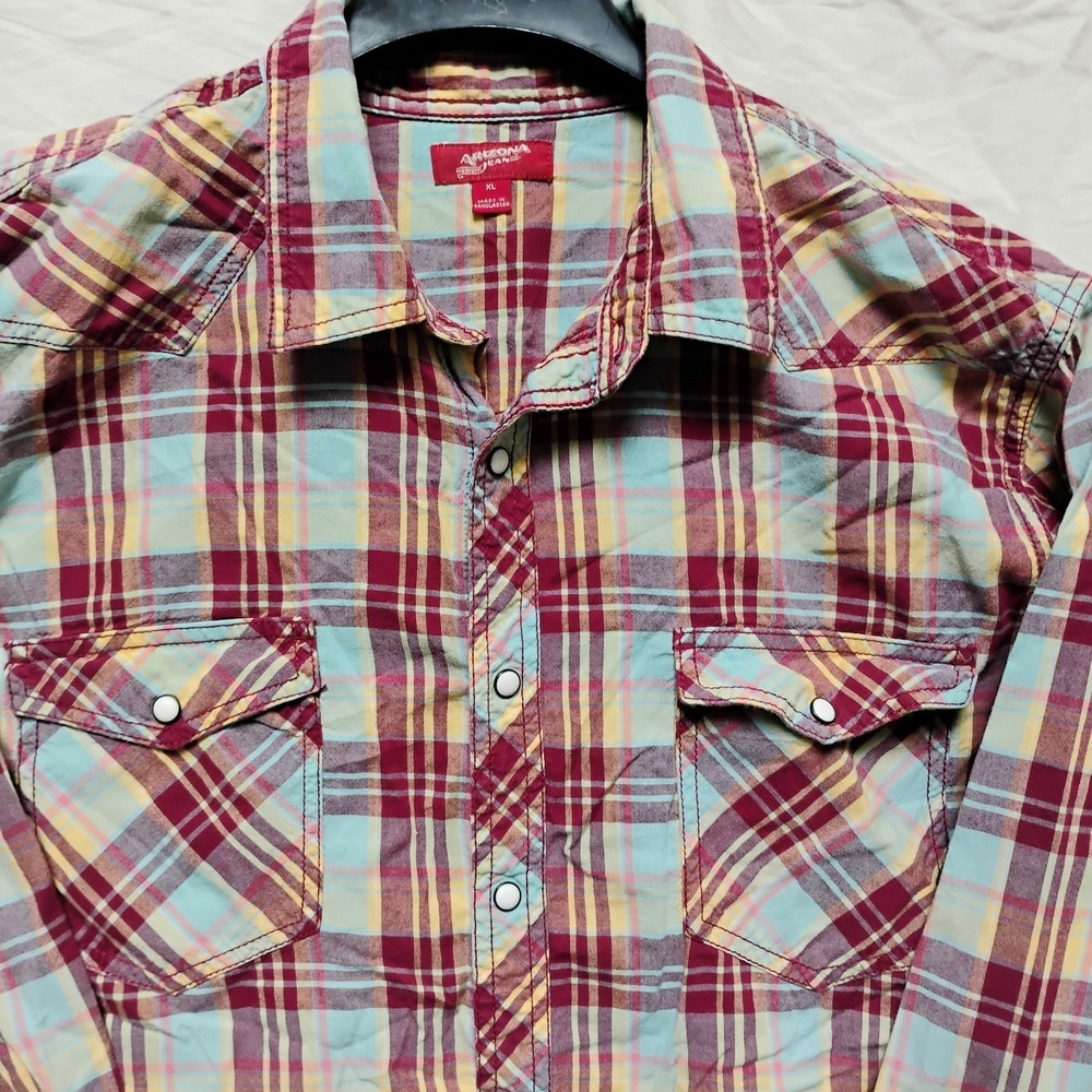 ARIZONA JEAN COMPANY PEARL SNAP SHIRT MEN'S XL Red PLAID LONG SLEEVE POCKETS